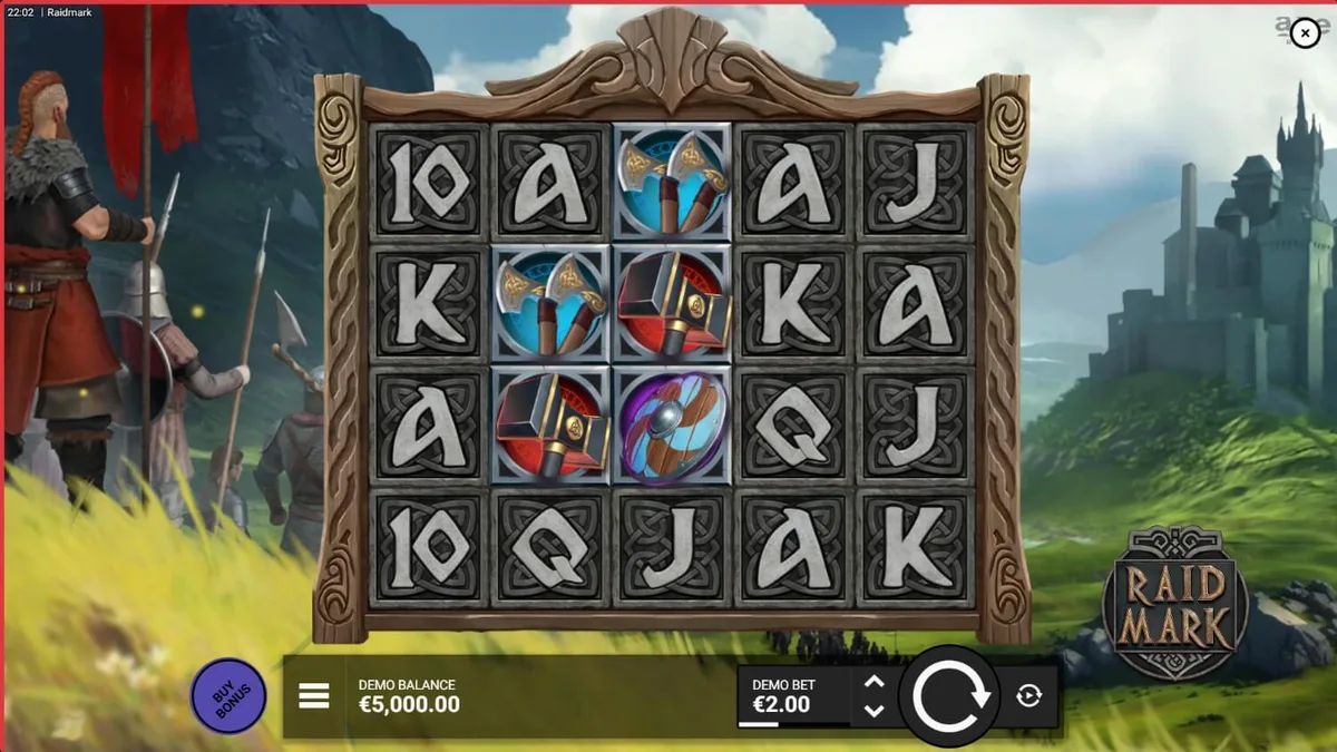 Isang visual na representasyon ng Raidmark slot na nagpapakita ng mga Viking symbols at madilim na tema ng labanan.