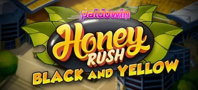 Isang makulay na screenshot ng Honey Rush Black and Yellow slot game na nagpapakita ng honeycomb grid at mga simbolo na may temang pukyutan at lungsod.